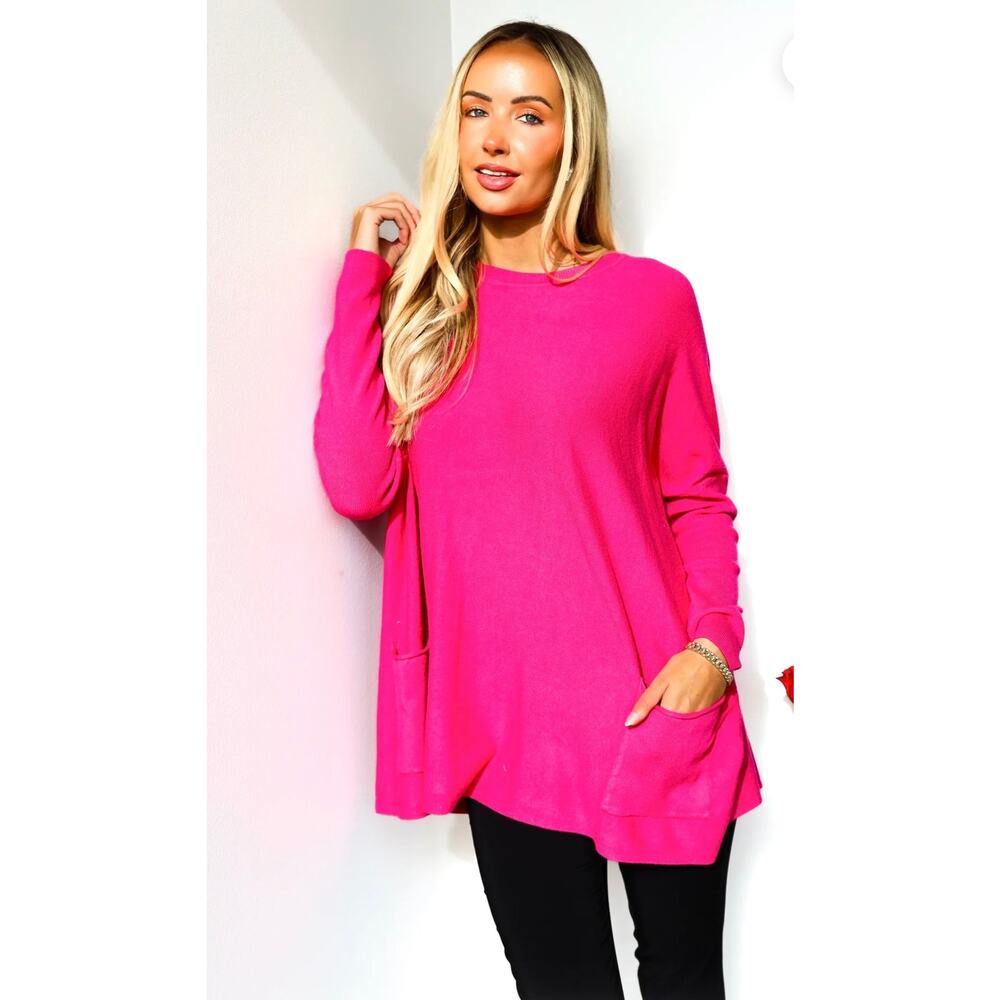 Tea n Rose Hot Pink Oversized Pocket Sweater Sz M/L Casual Comfy Cozy Chic - Picture 2 of 8